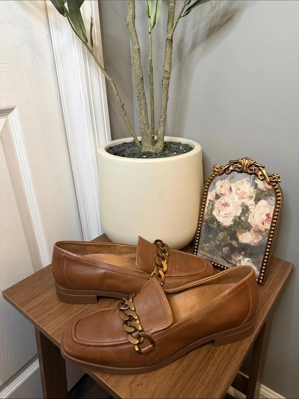 Vionic Mizelle Brown Leather Chain Loafers Women’s Size 10 Quiet Luxury